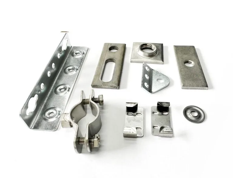 Various stainless steel brackets, clamps, and plates designed for structural and mounting purposes.