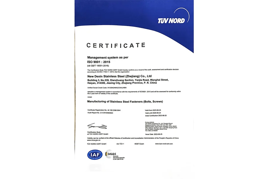 ISO 9001:2015 Certification for Deli-Newdexin Stainless Steel (Zhejiang) Co., Ltd.