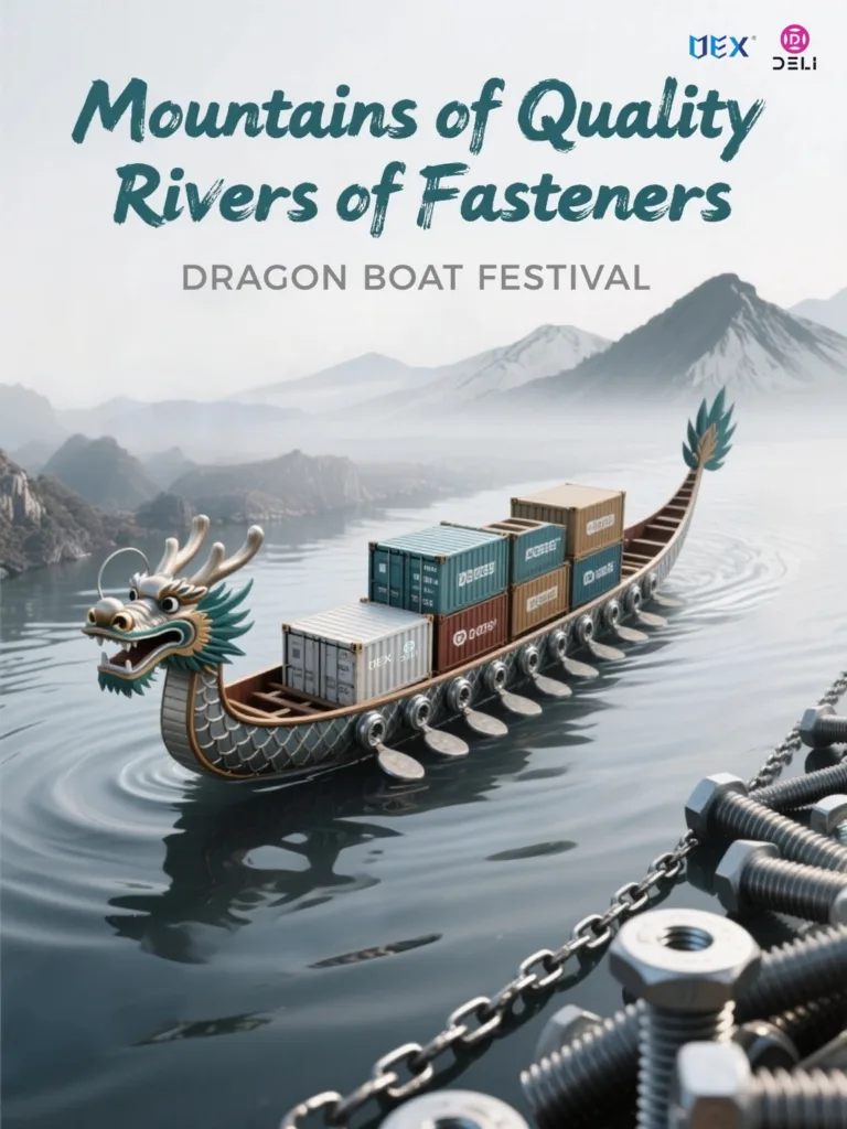 A dragon boat carrying shipping containers labeled DELI sails across a calm mountain river, symbolizing strength, quality, and global fastener delivery.