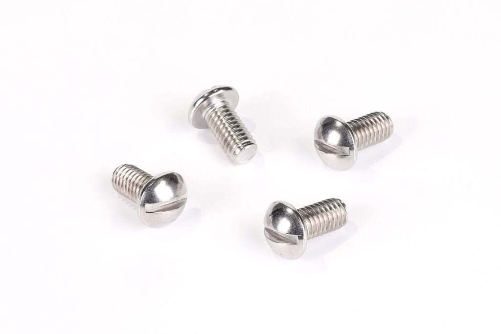 Stainless steel slotted pan head machine screws for versatile fastening.