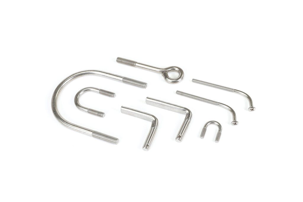 Assorted U-bolts, L-shaped bolts, and eye bolts in stainless steel